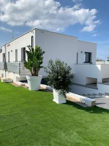 a white building with two potted plants in a yard at Rosalia Homestay - Ponente Apartment in Cinisi
