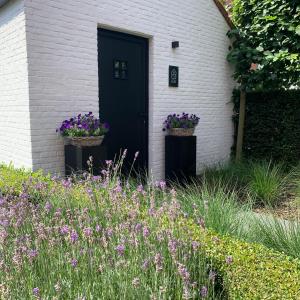 una puerta negra en una casa blanca con flores púrpuras en B&B 't klein GELUK en Ham
