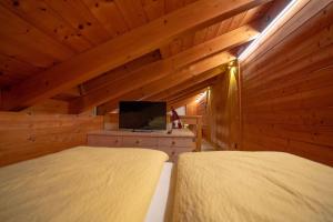 a bedroom with two beds and a flat screen tv at Appartamento Bucaneve in Predazzo