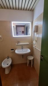 a bathroom with a sink and a mirror and a toilet at La Casa Degli Orsi - presso Sussy Residence in Falcade