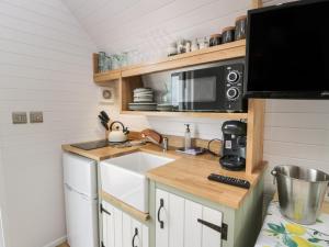 a small kitchen with a sink and a microwave at Laird Lodge 1 in Lockerbie