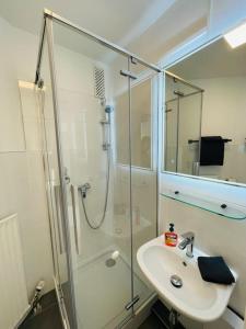 a bathroom with a glass shower and a sink at Apartment Diekblk mit Pool in Dahme