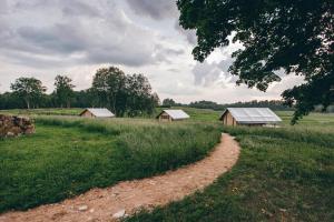 a dirt road leading to two barns in a field at Muuski glempings in Korneti