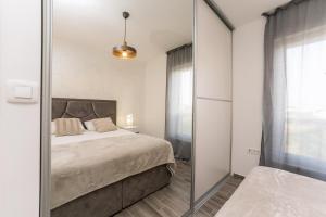 比比涅的住宿－Luxury D Apartments，一间卧室配有一张床和镜子