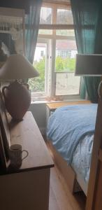 ein Schlafzimmer mit einem Bett und einer Lampe auf einem Tisch in der Unterkunft Comfy Cosy Room Tv fridge microwave in Upton