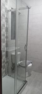 La salle de bains est pourvue d'une douche en verre et de toilettes. dans l'établissement Point G&V Apartment Sea front Bugibba, à San Pawl il-Baħar