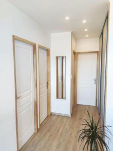 a hallway with two white doors and a potted plant at Harmonie du sud in Le Grau-dʼAgde