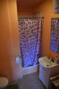 a bathroom with a shower curtain and a sink at Ukstiņa ielas apartamenti in Liepāja
