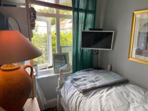 um quarto com uma cama com um candeeiro e uma janela em Comfy Cosy Room Tv fridge microwave em Upton