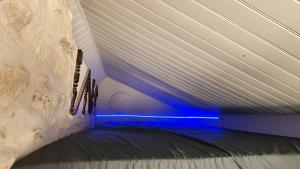 SavonnièresにあるGîte de Charme proche Loire à Vélo avec Jacuzzi Privatifの青い照明が付いたベッドが備わる客室です。