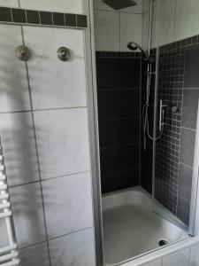 een douche met een glazen deur in de badkamer bij Ferienwohnung Müller in Duderstadt