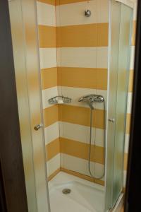 コンスタンツァにあるCurtea Brancoveneascăのバスルーム(ガラスドア付きのシャワー付)