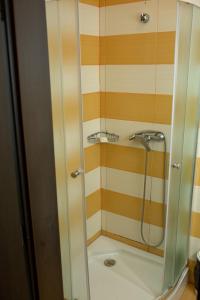 a shower with a glass door in a bathroom at Curtea Brancovenească in Constanţa