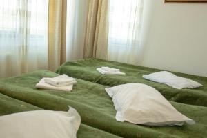 コンスタンツァにあるCurtea Brancoveneascăのベッド2台(緑のシーツ、枕付)