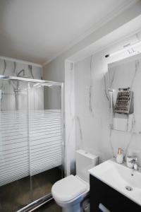 y baño con aseo, ducha y lavamanos. en ALEXANDRA Boutique Residence Seaside en Alejandrópolis