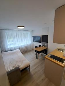 a living room with a bed and a table at New cosy Karklu Apartment in Klaipeda in Klaipėda