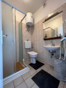 ein Bad mit einer Dusche, einem WC und einem Waschbecken in der Unterkunft Enjoy Vrbovica in Korčula