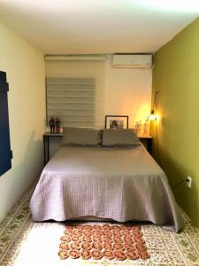 a bedroom with a bed with a pink bedspread at Guest House & Art Gallery in Olinda
