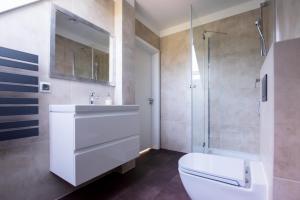 La salle de bains est pourvue de toilettes, d'un lavabo et d'une douche. dans l'établissement Dom Wśród Gwiazd, à Jarnołtówek