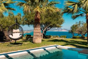 a swing next to a palm tree next to a pool at Kymaros Villas in Keri