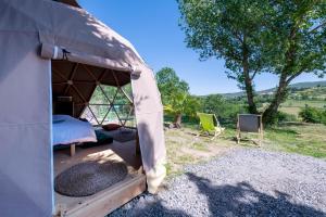 Tienda con cama y sillas en un campo en Dôme/insolite/parc régional du Pilat, en Saint-Appolinard