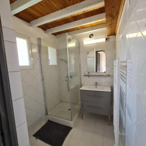 La salle de bains est pourvue d'une douche et d'un lavabo. dans l'établissement Le gîte de La Badassière, à Forcalquier
