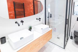 ein Badezimmer mit einem weißen Waschbecken und einem Spiegel in der Unterkunft VILLA RENAISSANCE - MONACO - 2 PIECES - Parking in Beausoleil
