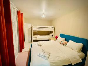 a bedroom with a bed and a bunk bed at Montana Family Villa in Văliug