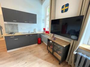 cocina con TV de pantalla plana grande y fregadero en Gästehaus Sternschanze - App1 Admiral, en Stralsund