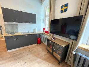 a kitchen with a large flat screen tv and a sink at Gästehaus Sternschanze - App1 Admiral in Stralsund
