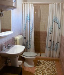 uma casa de banho com um WC, um lavatório e um chuveiro em Gábor apartmanok em Abádszalók