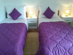 two beds in a room with purple sheets and pillows at Apartment Viškovo in Viskovo