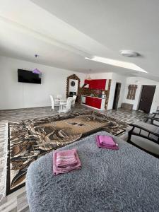 a living room with a large rug on the floor at Апартаменти в центрі Трускавця in Truskavets +23 photos