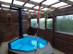 uma banheira de hidromassagem numa casa com janelas em Cabañas Quimantu-Aguas Calientes em Puerto Varas