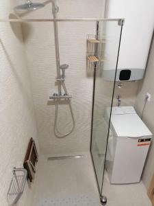 um chuveiro na casa de banho com um WC e um lavatório em Apartman Kaya em Tivat