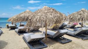 a group of chairs and umbrellas on a beach at Hotel Alexandra in Skala
