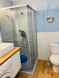 y baño con ducha y aseo. en Apartament na Spółdzielczej, en Radzyń Podlaski