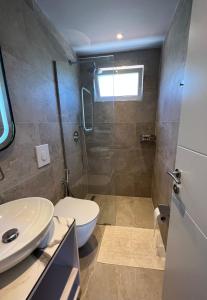 a bathroom with a shower and a toilet and a sink at Chalet Ambel in Dhërmi