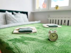 reloj despertador sentado sobre una cama verde en Apartament Parkowy, en Wałbrzych