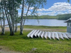 a row of white pipes on the grass near a lake at Air-Dale Lodge in Hawk Junction