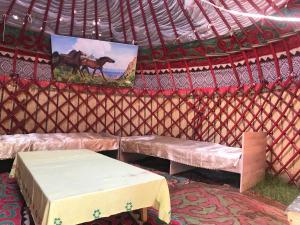 Tong的住宿－Guesthouse Bermet，帐篷,配有两把长椅和一幅马的照片