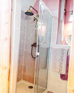 y baño con ducha y puerta de cristal. en Studio de charme avec piscine de relaxation, en Moyaux