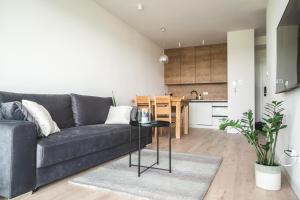 ein Wohnzimmer mit einem grauen Sofa und einer Küche in der Unterkunft Apartament w Westin House Resort Kołobrzeg in Kołobrzeg
