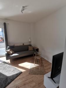ein Wohnzimmer mit einem Sofa und einem TV in der Unterkunft Sonnenufer Apartment & Moselwein II in Bernkastel-Kues