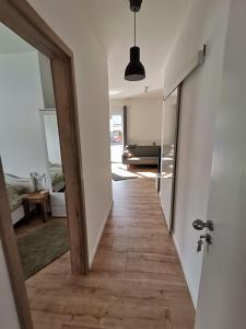 einen Flur, der zu einem Wohnzimmer mit Holzboden führt in der Unterkunft Sonnenufer Apartment & Moselwein II in Bernkastel-Kues