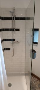 een douche met een glazen deur in de badkamer bij Gîte atypique vue panoramique in Montrevault