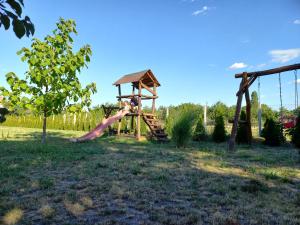 a child on a slide in a playground at Oázis Apartman in Sárospatak