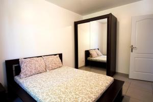 1 dormitorio con cama y espejo grande en Jolie Maison avec piscine à 10min d’Aix enProvence, en Meyreuil