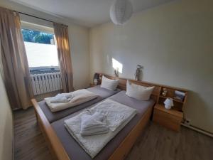 a bedroom with two beds and a large window at Ferienwohnung Smillenzweg mit Garten in Lohme