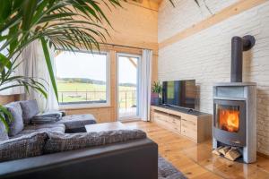 a living room with a couch and a fireplace at Alb Chalet in Meßstetten